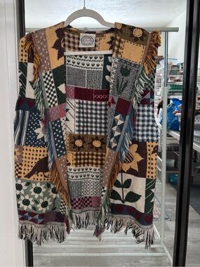 Sugar Street Weavers Multicolor Patchwork Fringe Open Front Vest